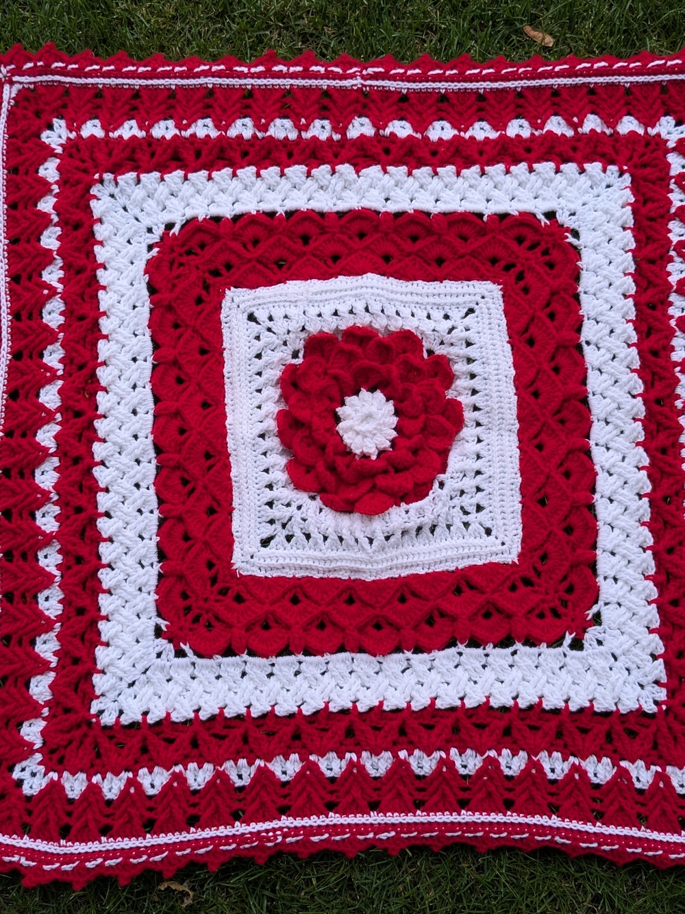 Handmade Christmas Red and White Crochet Blanket with Rosette Center